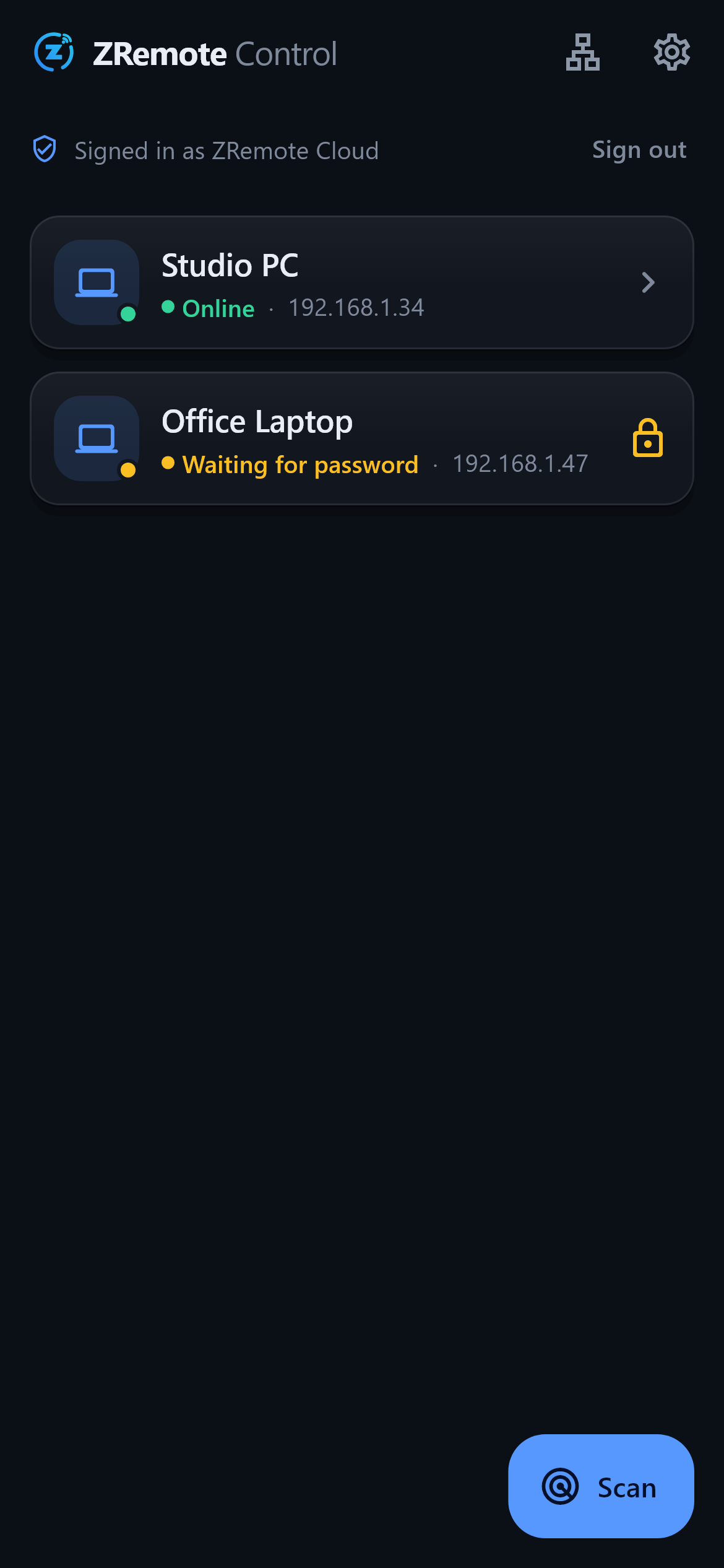 Automatic discovery — Your PCs appear on their own. Tap one to connect.
