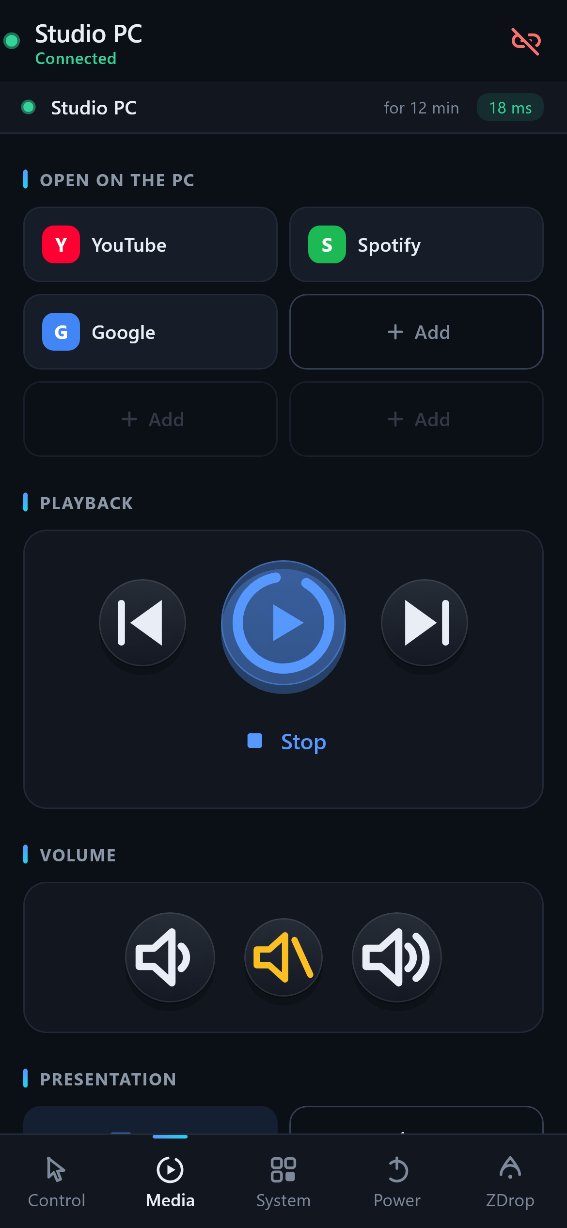 Media & slides — Transport controls and a presentation clicker in one place.