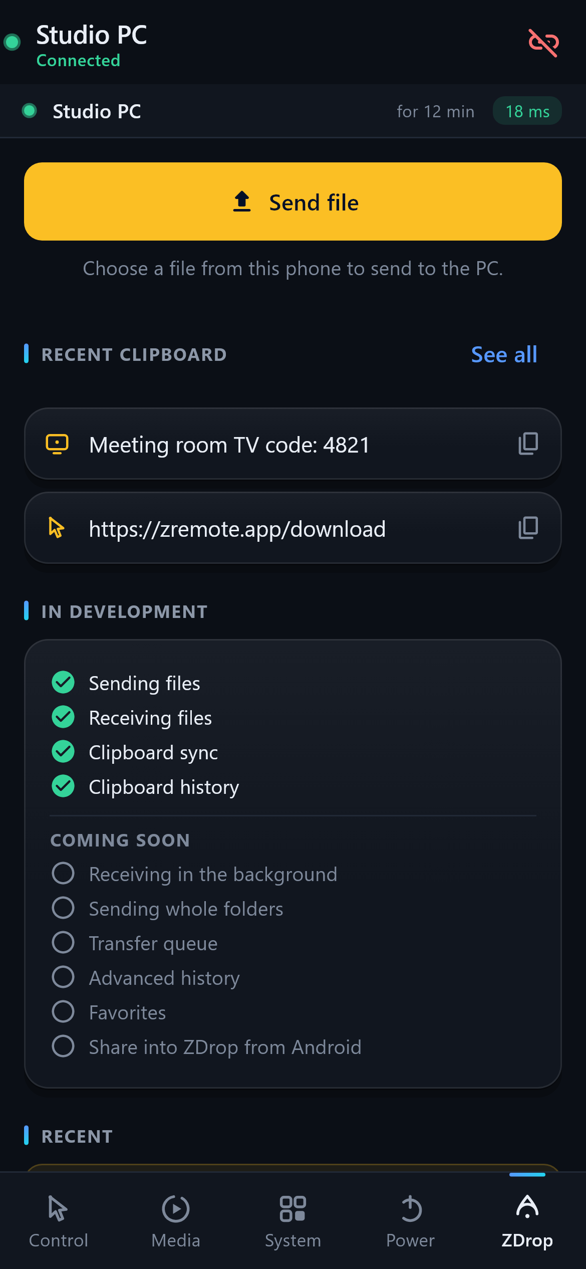 ZDrop — Send files, receive transfers and keep recent clipboard items close.