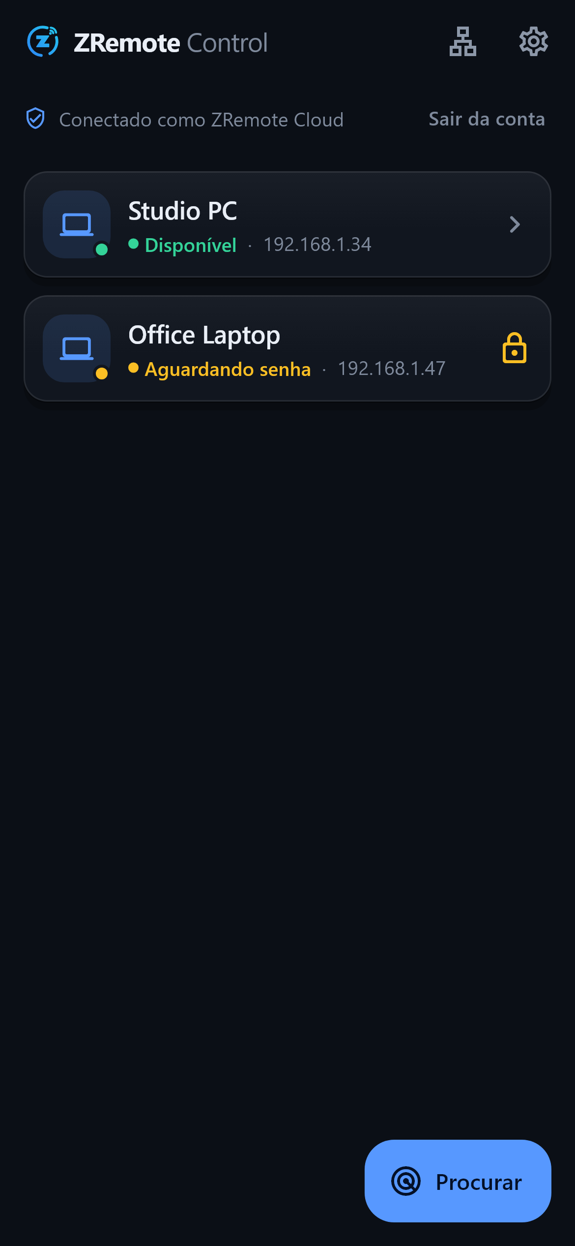 Descoberta automática — Seus PCs aparecem sozinhos. Toque em um para conectar.
