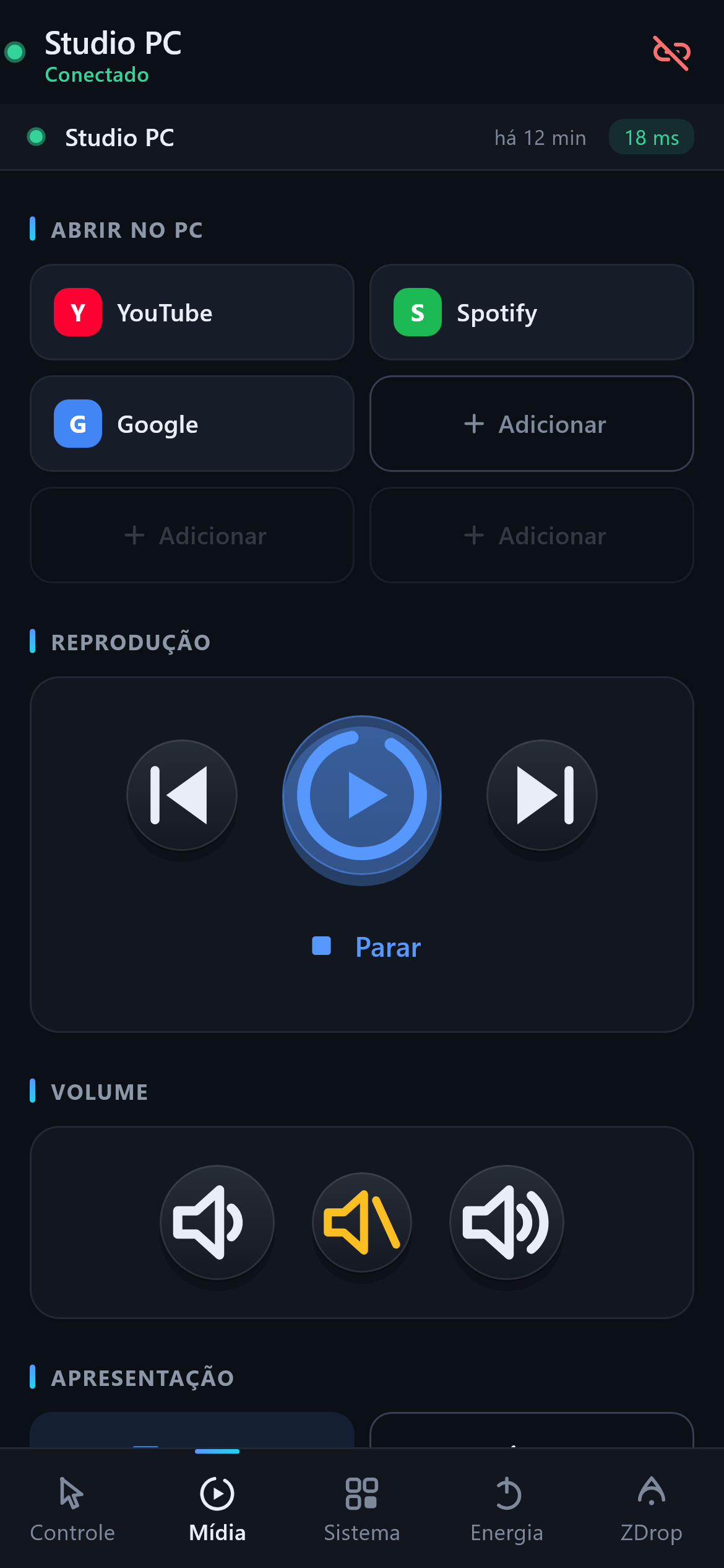 Mídia e slides — Controles de reprodução e passador de slides no mesmo lugar.