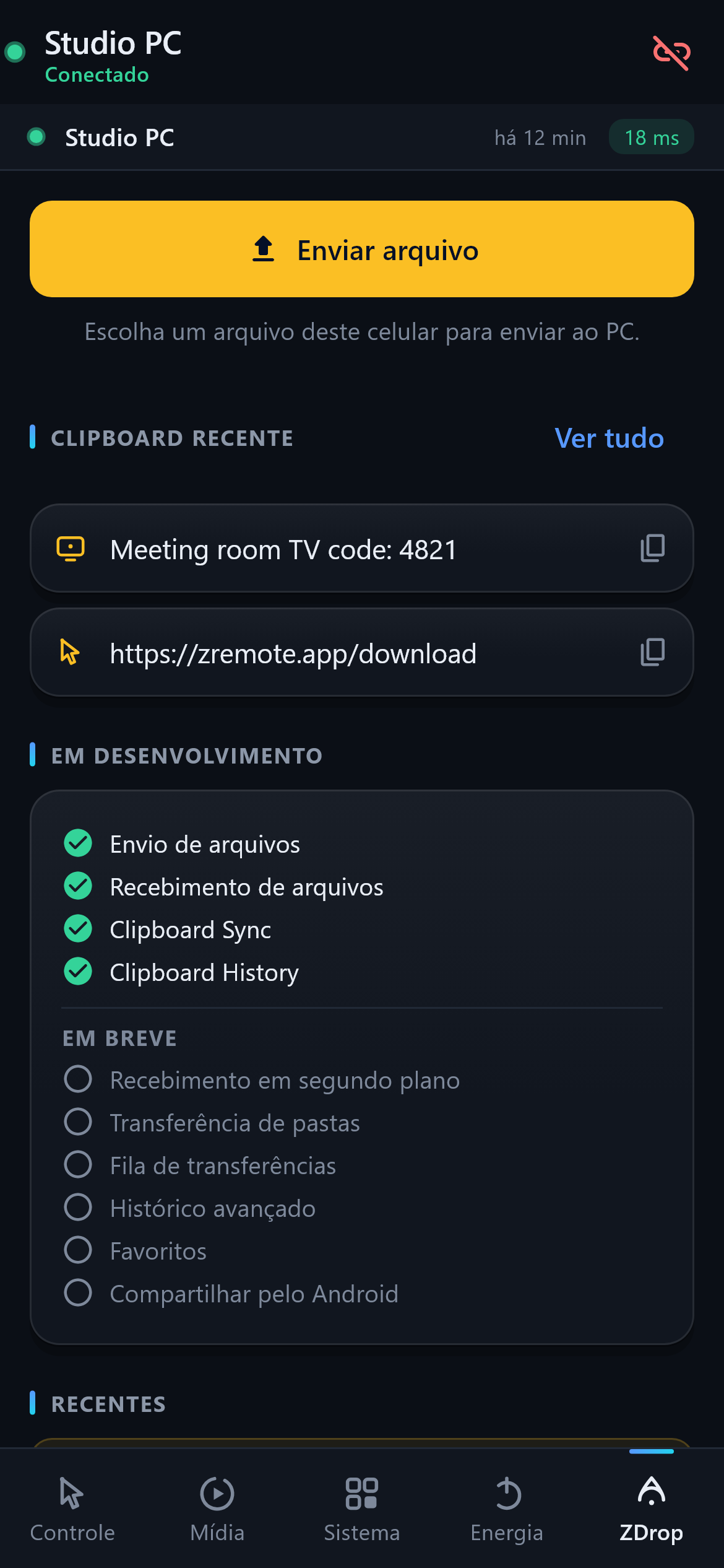 ZDrop — Envie arquivos, receba transferências e mantenha o clipboard recente por perto.